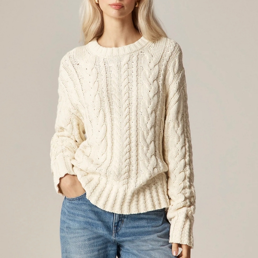 J. Crew Women's Cream Cable Knit Crew Neck Sweater In Ivory Lace